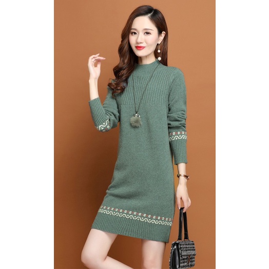 {Hàng Sẵn} Đầm len nữ dài tay hoạ tiết thổ cẩm A76