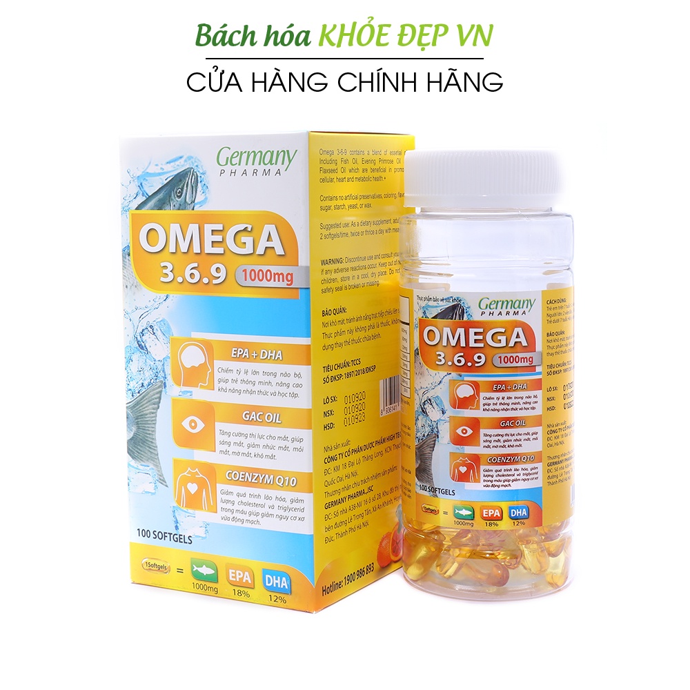 Viên dầu cá Omega 3 6 9 Bổ não, sáng mắt, khỏe mạnh tim mạch - 100 viên [Omega 3 6 9 Germany Pharma Vàng]