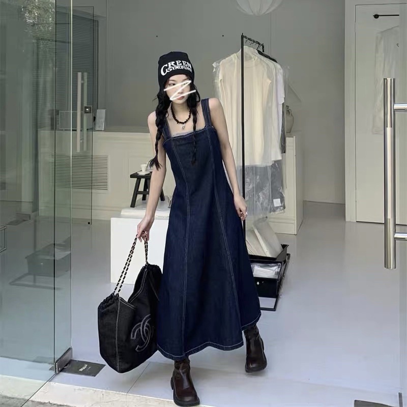 Váy hai dây denim dáng dài phong cách cổ điển có dây đan lưng