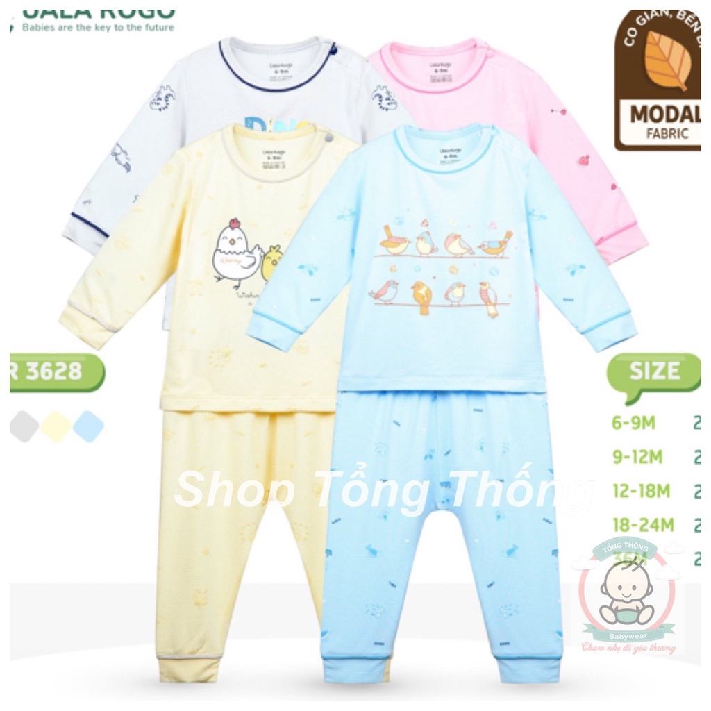 Bộ Uala Rogo Modal dài tay cài vai in hình gà thú cưng cao cấp mềm mịn thoáng mát thấm hút tốt cho bé trai bé gái 3628