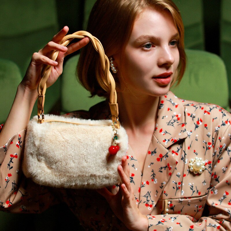 Túi xách tay JASMIN NOIR vải lông xù dáng vuông nhỏ thời trang dành cho nữ