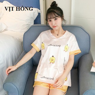 Bộ ngủ lụa cộc tay cổ tim hình đơn giản dễ thương