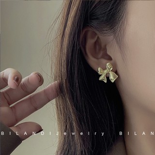 Khuyên tai bạc 925, bông tai hình nơ vàng sang chảnh HA477
