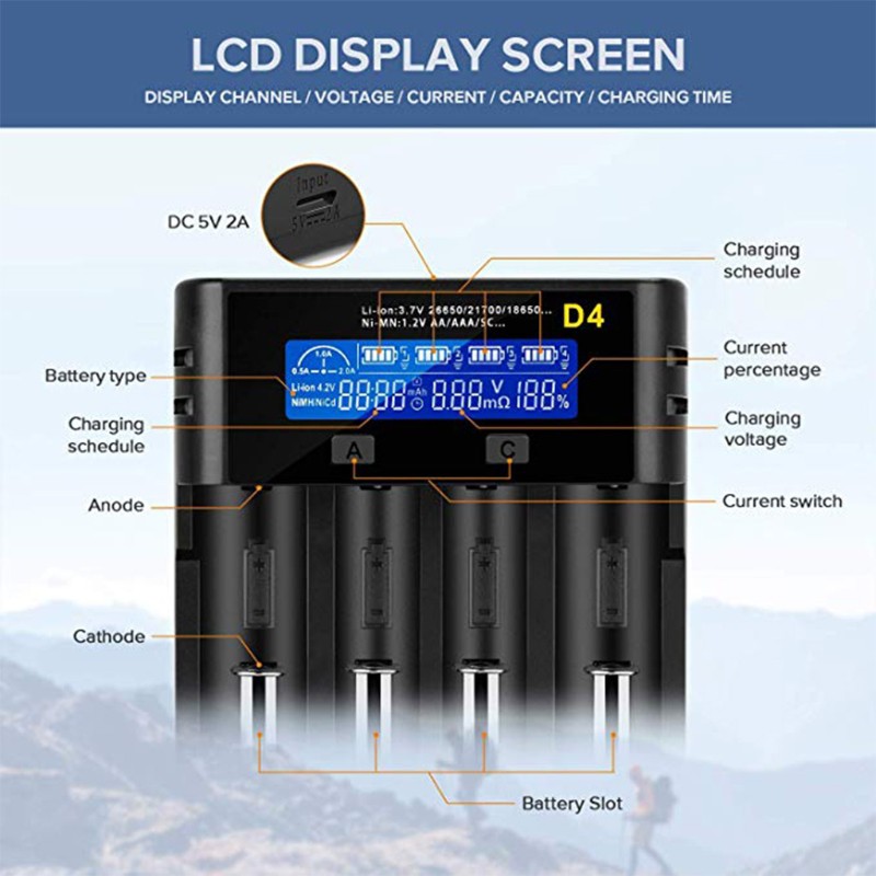 Bộ Sạc Pin Tự Động Zzz 4-bay Có Màn Hình Lcd