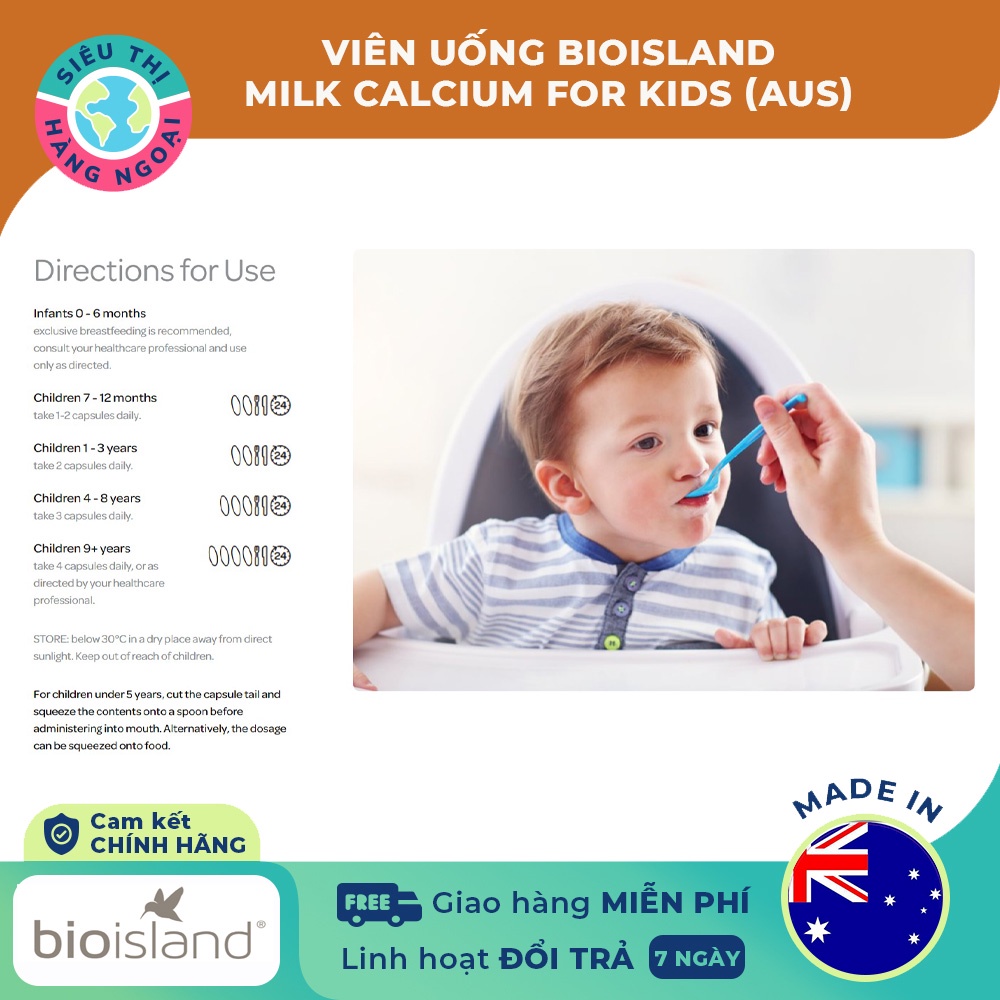 Viên Bổ sung Canxi sữa cho bé của Úc Bio Island Milk Calcium Kids 90 viên