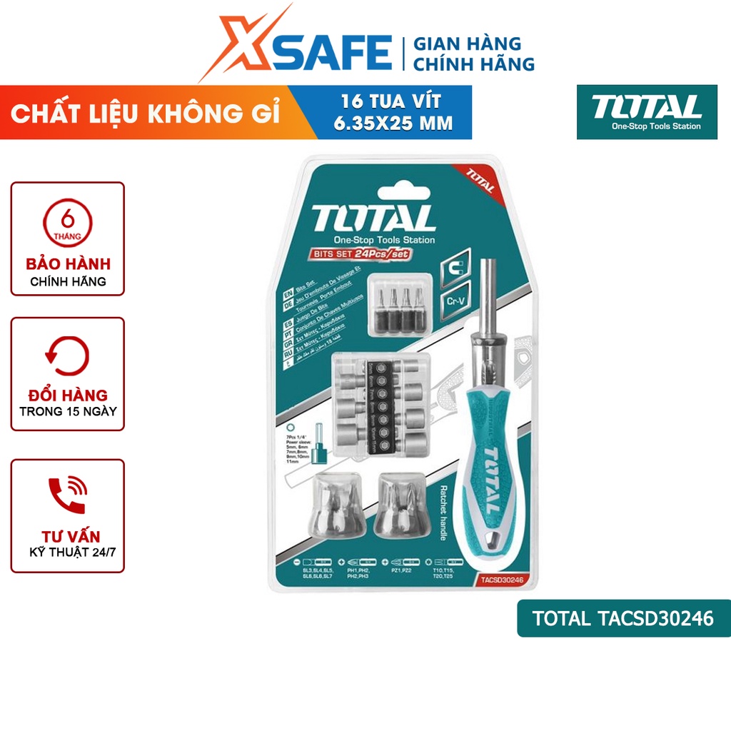 Bộ 24 tua vít TOTAL TACSD30246 đầu vít khoẻ, cứng, chắc chắn, thép hợp kim Cr-V chống rỉ, đầu vít thay đổi linh hoạt