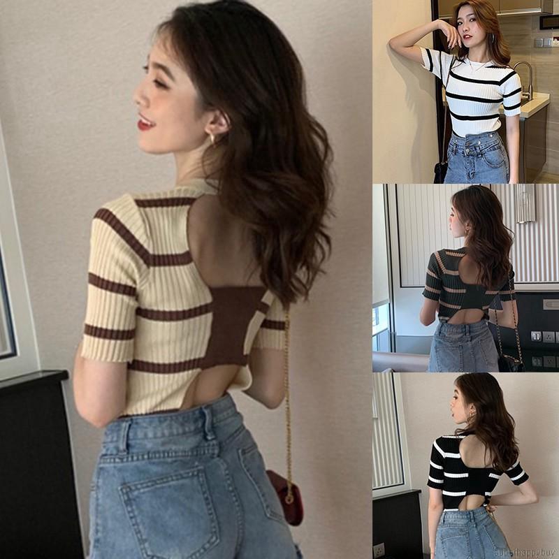 Áo dệt kim đơn giản sọc ngang ngắn tay dành cho nữ