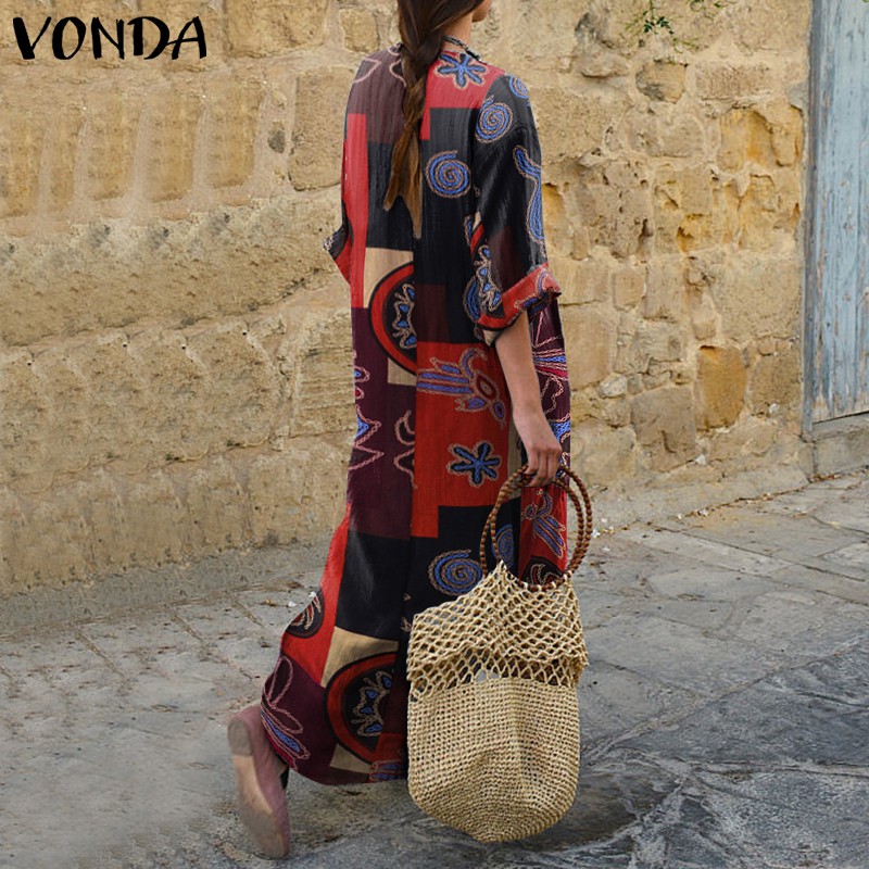 Đầm VONDA tay dài form rộng in họa tiết phong cách bohemian sành điệu cho nữ