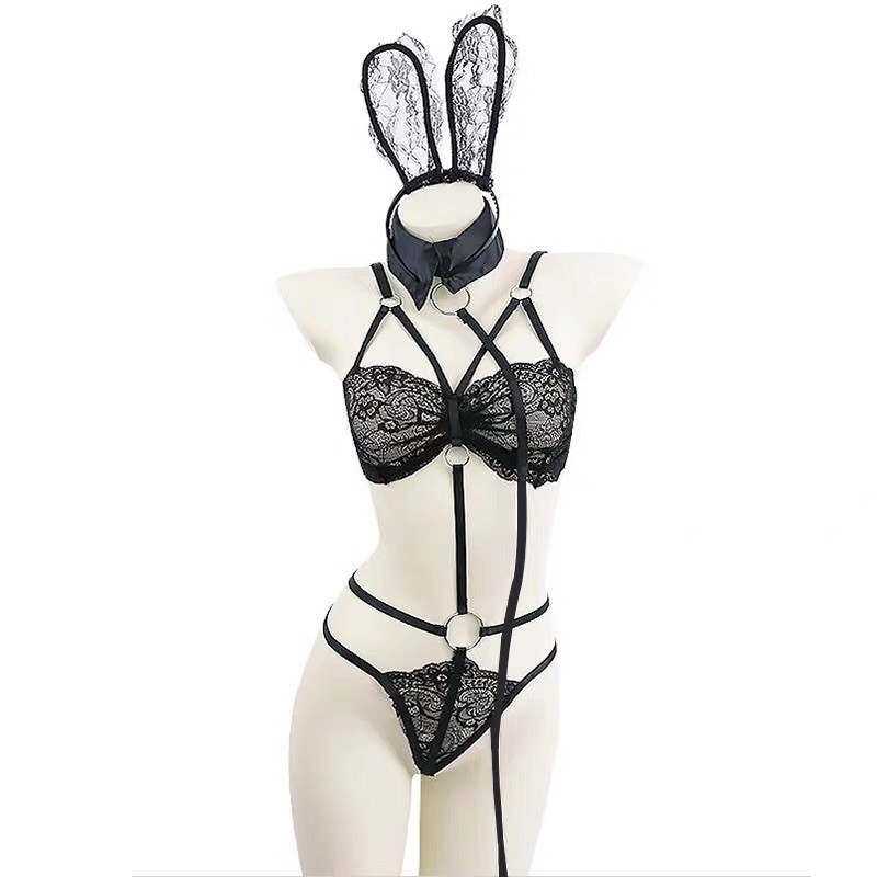 Cosplay thỏ / Set nàng thỏ ren đen kèm dây dắt | BigBuy360 - bigbuy360.vn