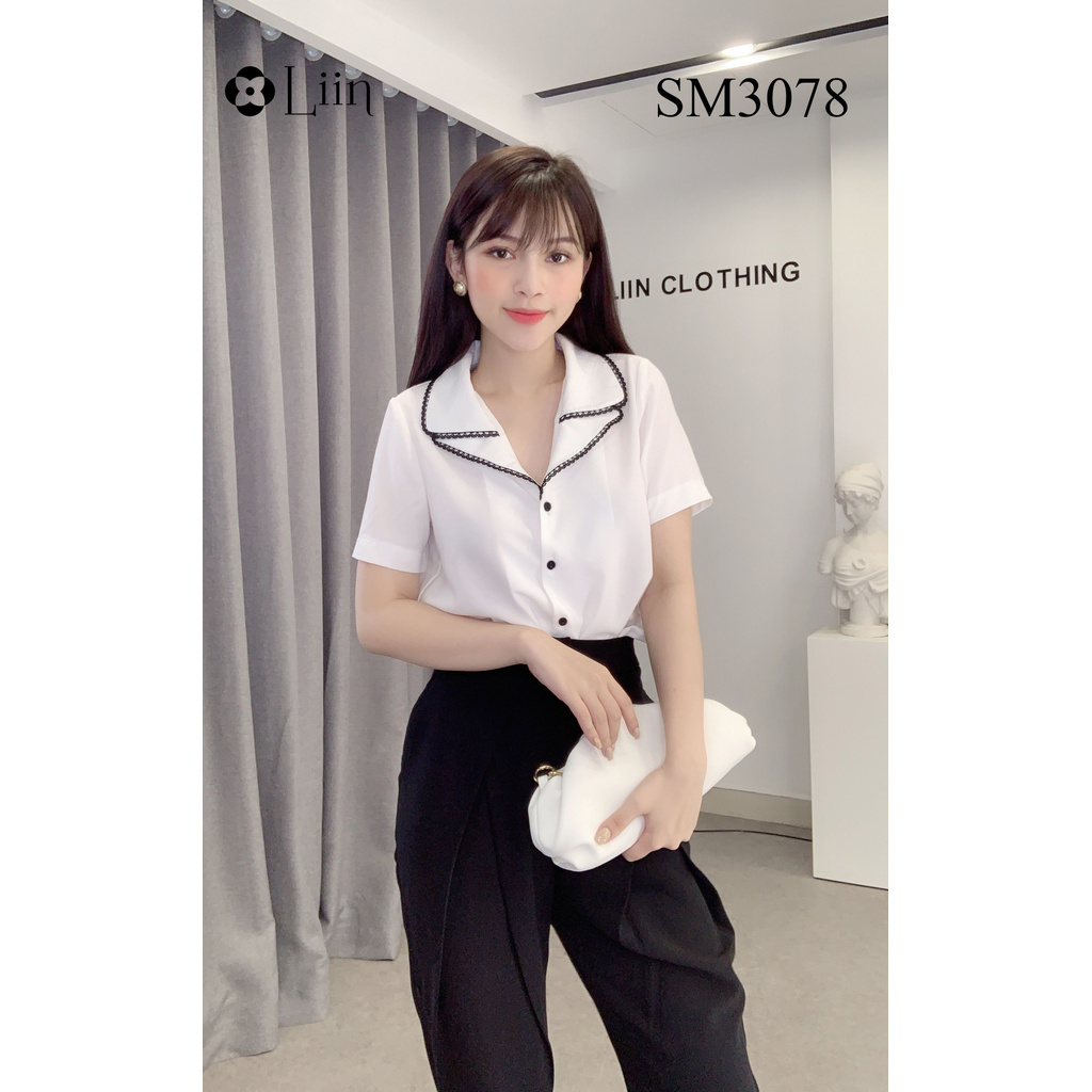 Áo sơ mi nữ màu Trắng Cổ Viền Đen cộc tay xinh xắn Liin Clothing SM3078