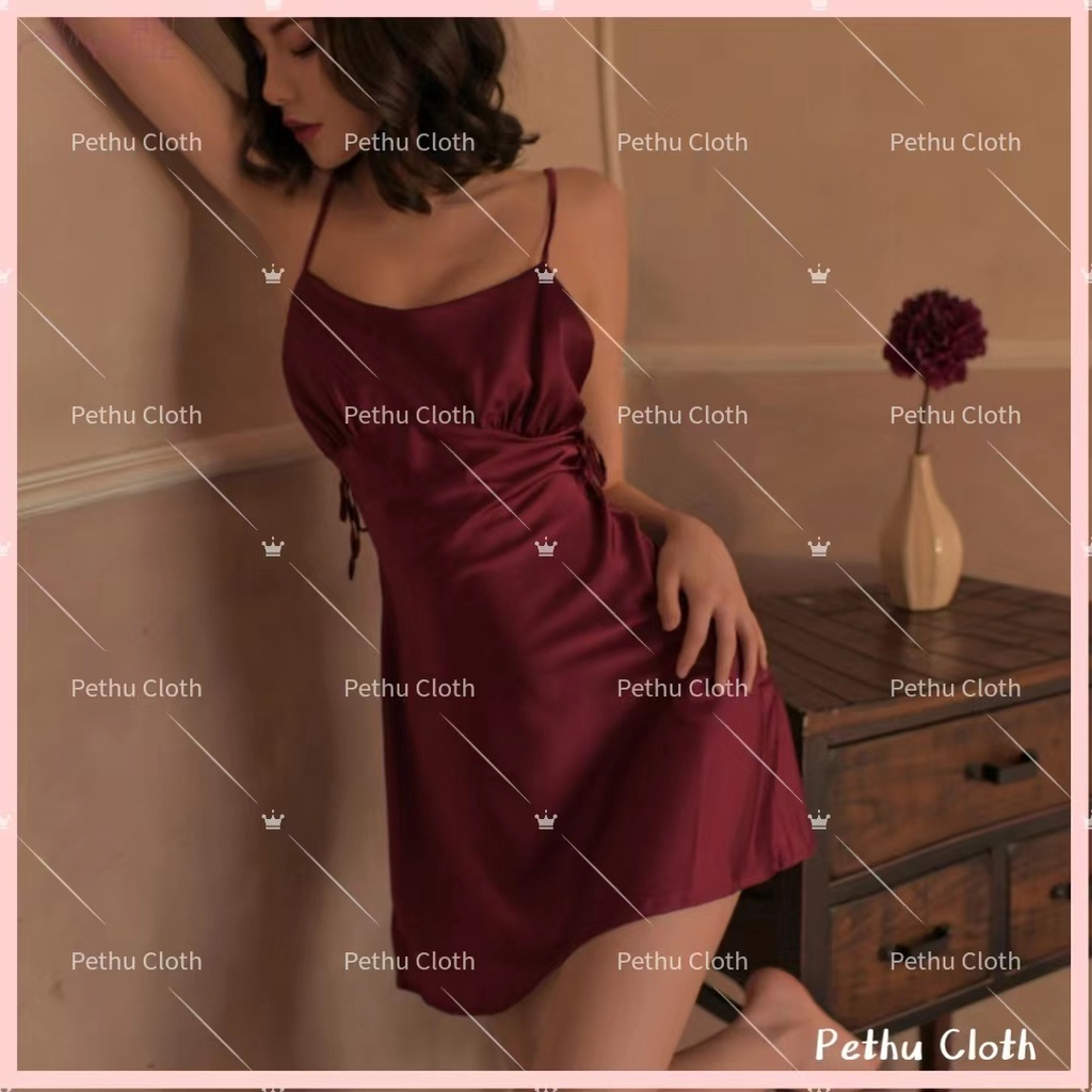 （Q1,HCM）Váy/Đồ ngủ sexy hai dây lụa phối ren mềm mịn cao cấp kèm quần lọt khe gợi cảm 40-65kg--017