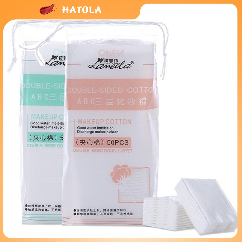 Bông tẩy trang Lameila 3 lớp đàn hồi co dãn túi 50 miếng tiện lợi Hatola BTT01