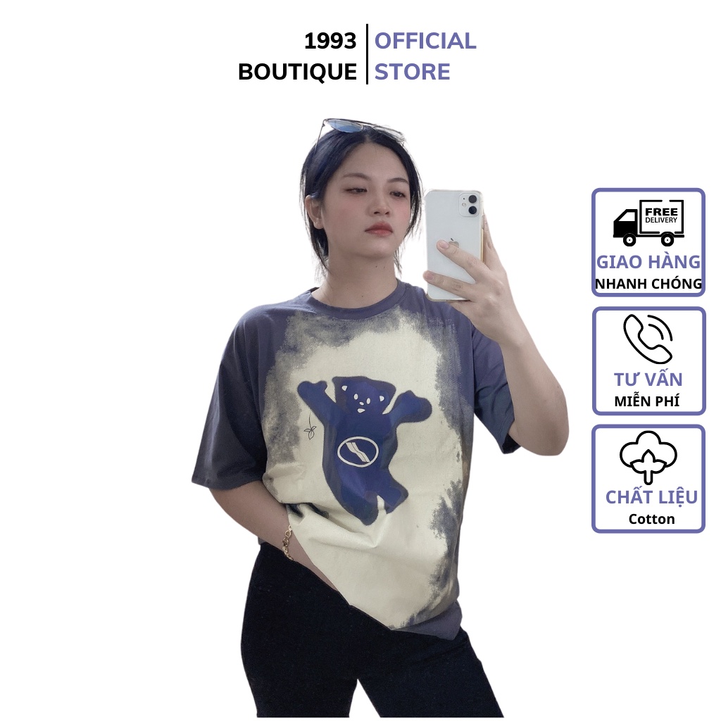 Áo phông nữ tay lỡ form rộng cổ tròn in hình gấu chất cotton mềm mịn thấm hút mồ hôi co dãn 4 chiều