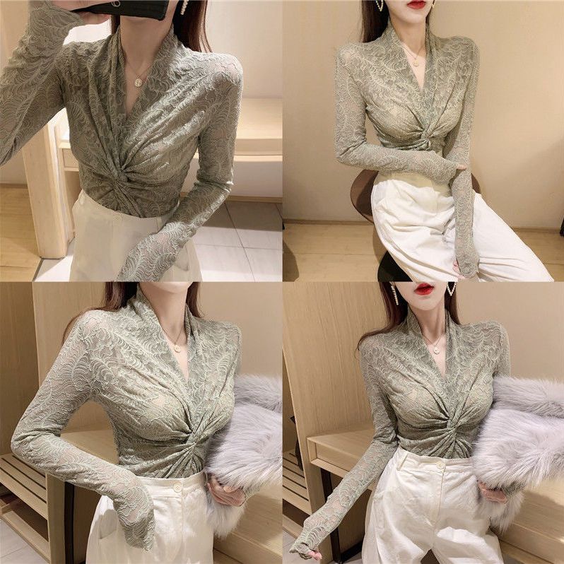 Áo Thun DàI Tay Cổ Chữ V PhốI Ren Hoa GợI CảM, ThiếT Kế MớI