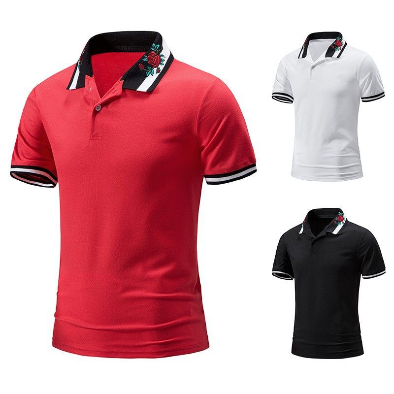 ☞Áo Sơ Mi POLO Tay Ngắn Dáng Rộng Vải Cotton Thêu Hoa Hồng Phối Kẻ Sọc Thời Trang Công Sở Cho Nam #H72