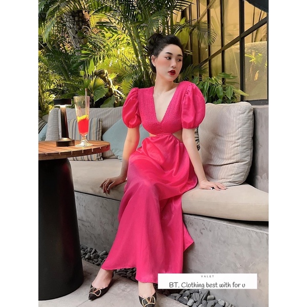 Đầm nữ maxi nữ cổ tim khoét eo tay bồng dáng xoè 3 màu