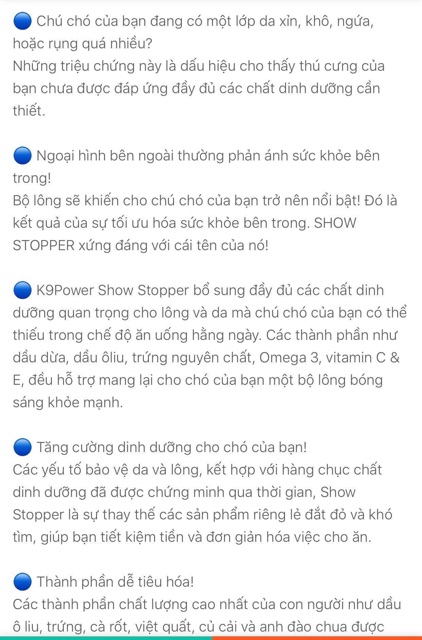 Bột dưỡng lông K9 ShowStopper cho chó giúp giảm rụng lông ;dưỡng dài và làm mượt lông 454gr