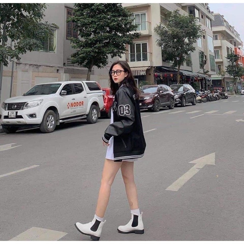 Áo khoác,bomber thân nỉ tay da phong cách hàn xẻng nam nữ mặc cực chất