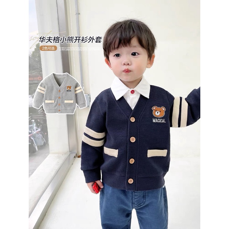 Áo khoác nỉ cho bé trai Cadigan Gấu thêu, Áo dài tay thu đôngcho bé trai diện đẹp dễ thương 8-20kg