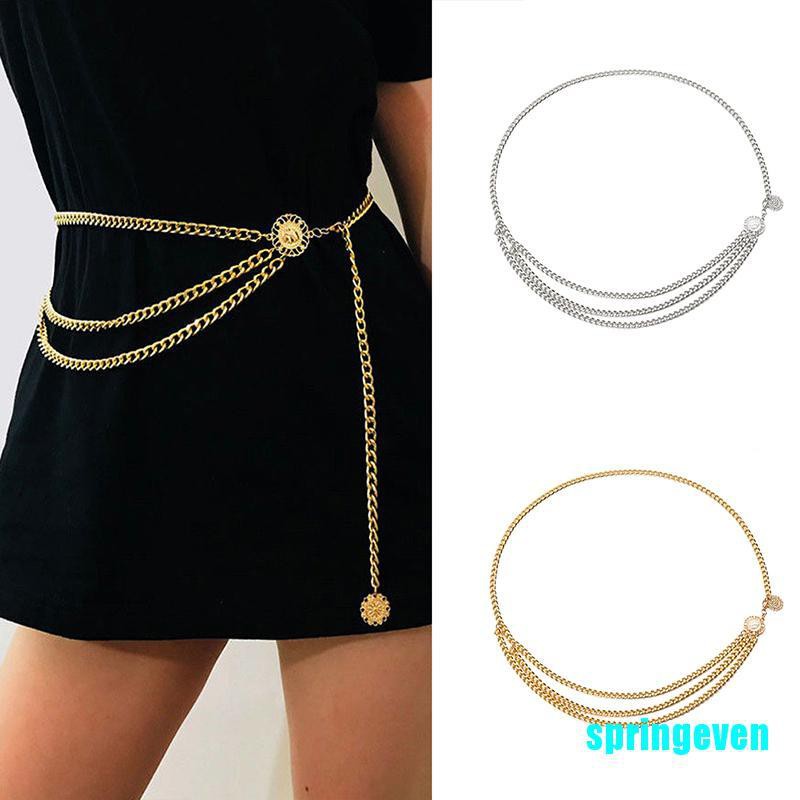 Thắt Lưng Dây Xích Kim Loại Phối Đồng Xu Cổ Điển Cho Nữ
