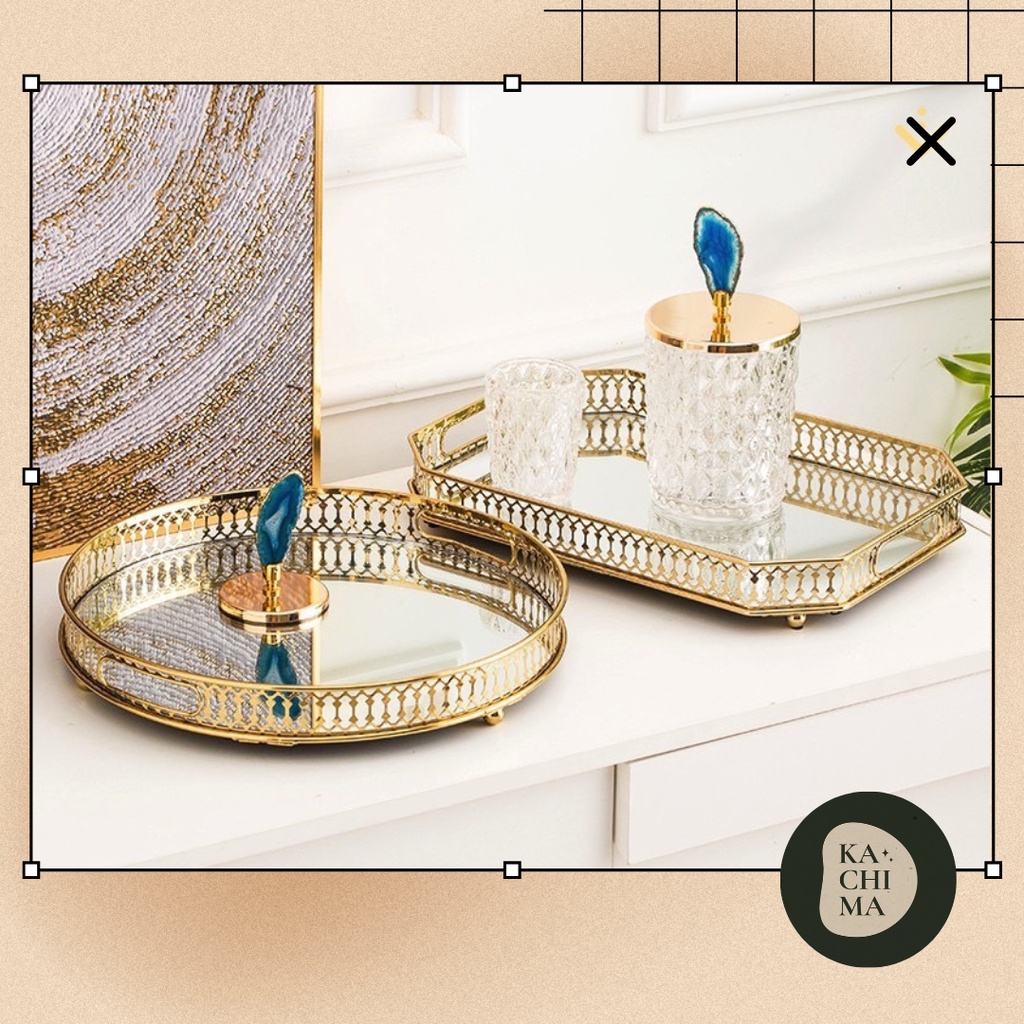 Khay decor kim loại mặt tráng gương - Khay đựng mỹ phẩm - Khay đựng trang sức - Khay úp cốc