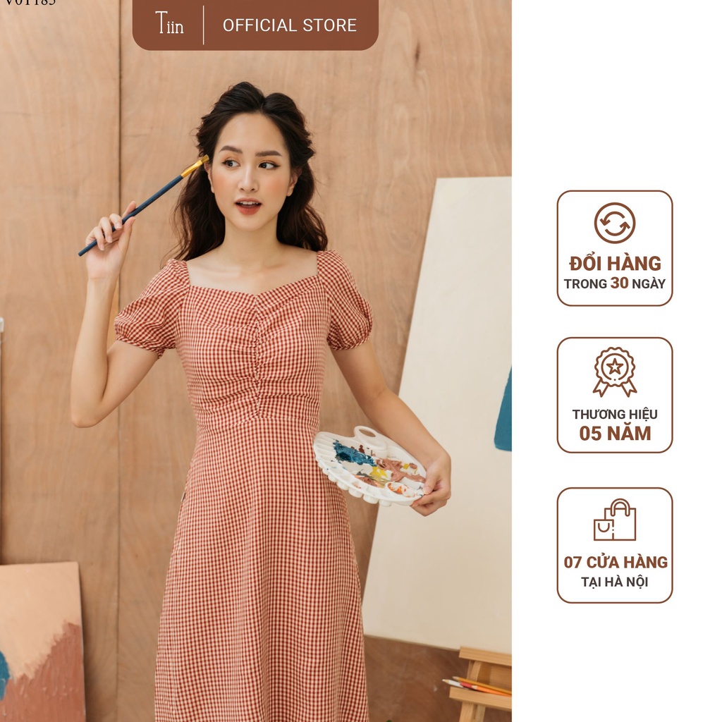 Váy caro đỏ cổ vuông TIIN STORE chất thô mềm V0T185