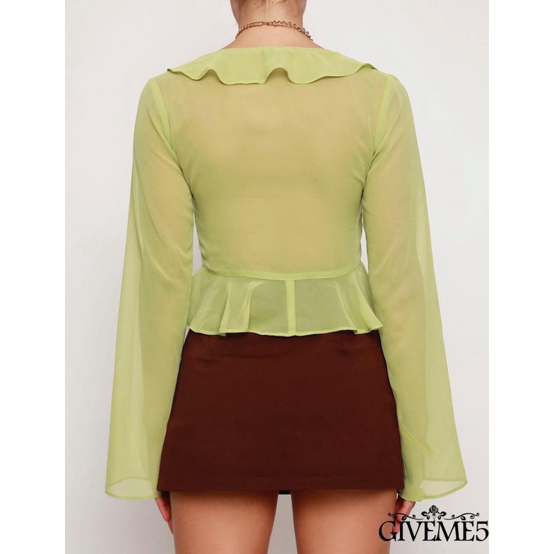 Áo Croptop Tay Loe Dài Cổ Chữ V Xẻ Sâu Gợi Cảm Cho Nữ