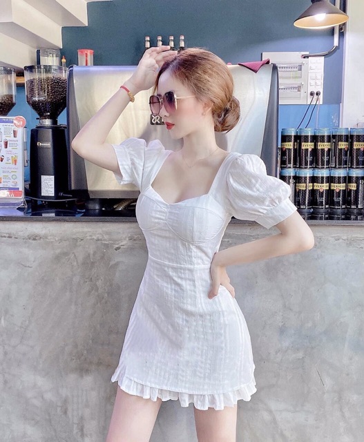 Đầm cổ vuông thắt nơ lưng_JuMe Fashion