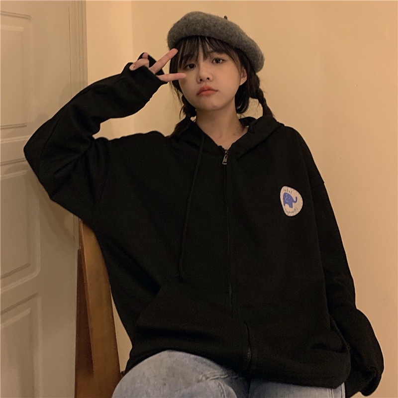 Áo Hoodie Tay Dài Dáng Rộng In Hình Chú Voi Kiểu Hàn Quốc Dễ Thương