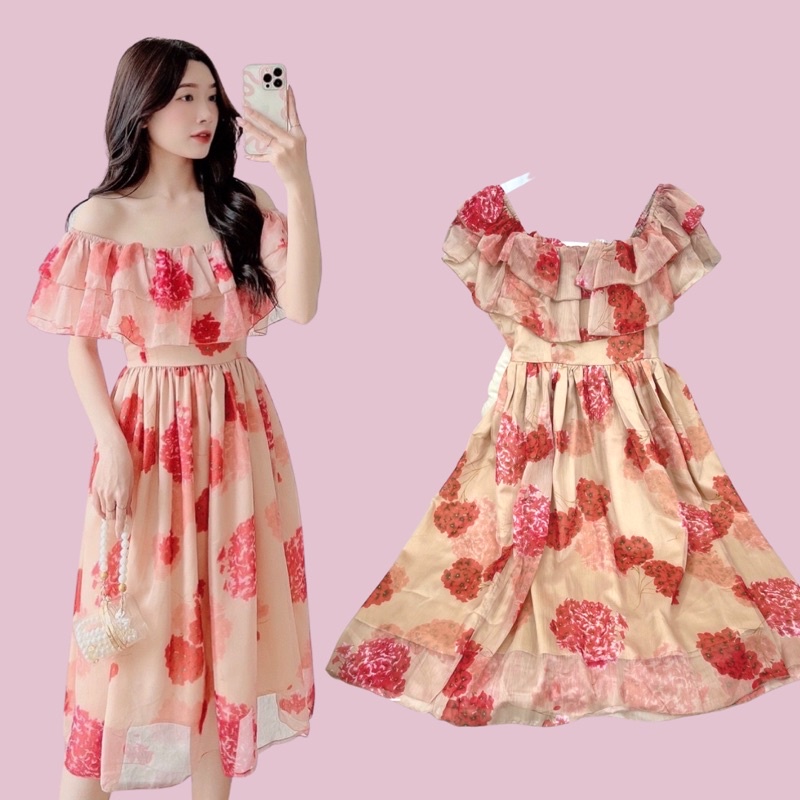 Đầm maxi hoa đi biển trễ vai bèo👗clip + ảnh thật👗 tơ lụa mềm mượt cao cấp