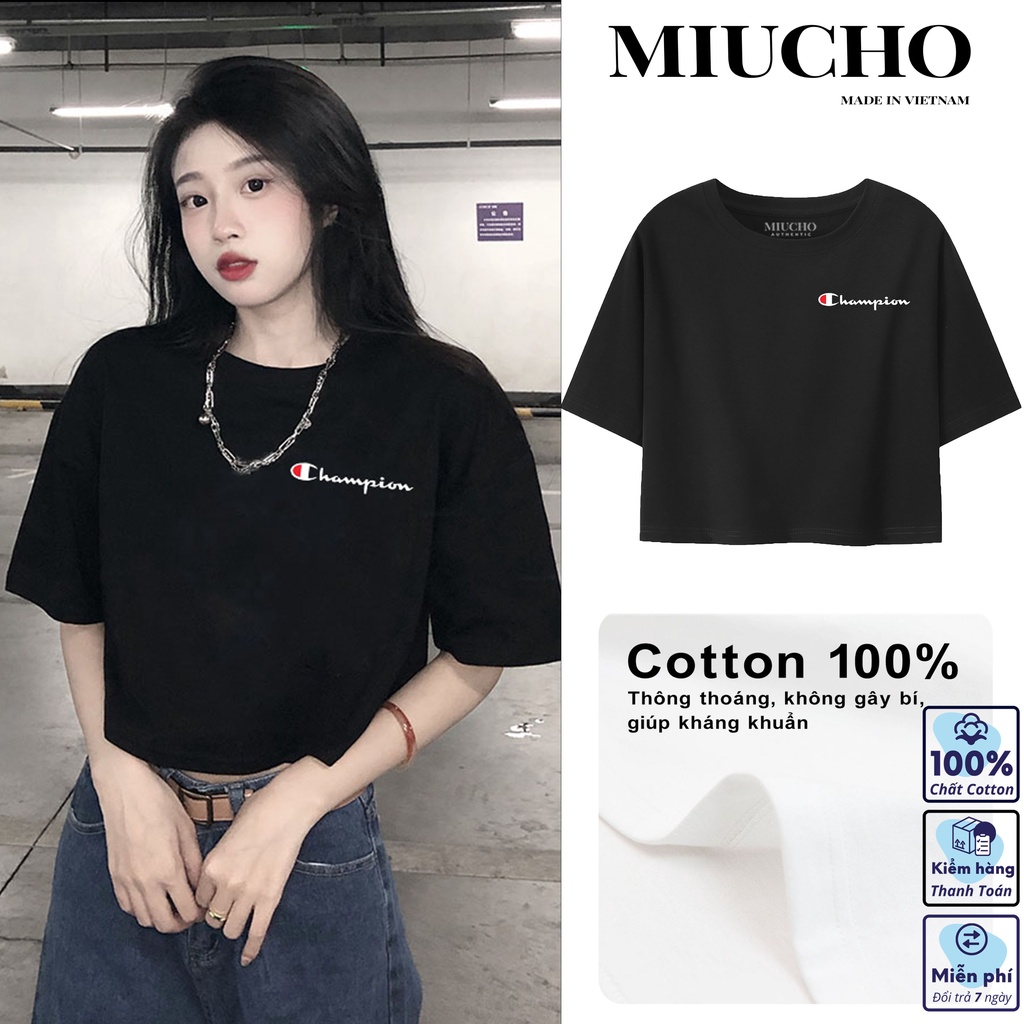 [Mã FAMARAL2 giảm 10K đơn 50K] Áo croptop nữ tay ngắn cổ tròn vải thun cotton kiểu hàn quốc CR003 Miucho in hình