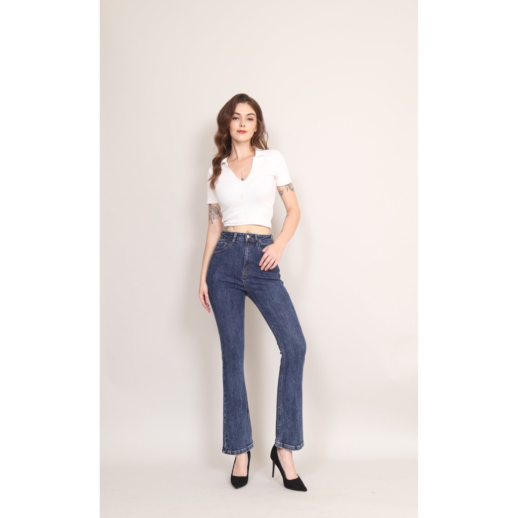 Quần Jean Nữ Ống Loe xanh đá Lưng Cao Co Giãn Trơn  Gấu Thường  CT Jeans