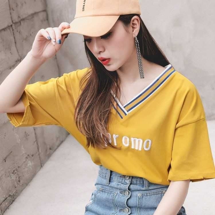 Áo Thun Ngắn Tay Cổ Chữ v Dáng Rộng Phong Cách Hàn Quốc Cho Nữ NZ-TX-218