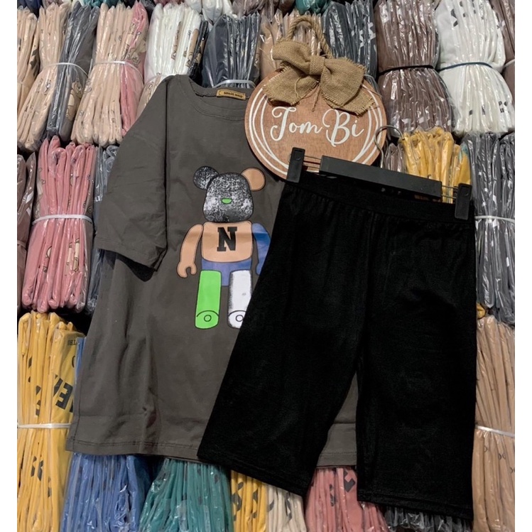 [Rẻ vô địch] Set bộ áo gấu mix quần legging , áo thun unisex mix quần legging lửng