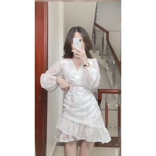 [Xả kho] Đầm hoa tay dài đắp chéo