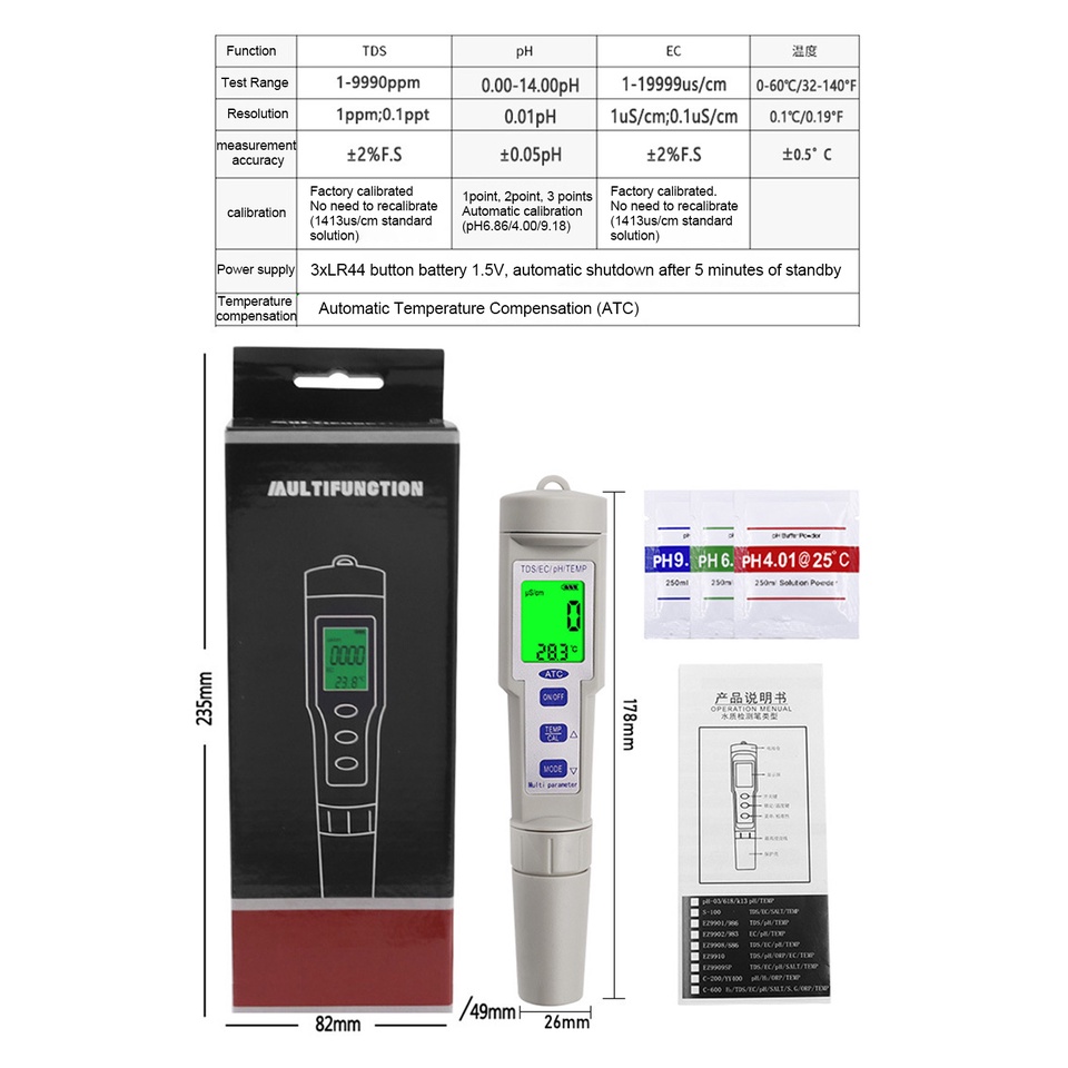 Thiết Bị Kiểm Tra Độ PH TDS / EC / PH / Salinity / Nhiệt Độ Nước 5 Trong 1