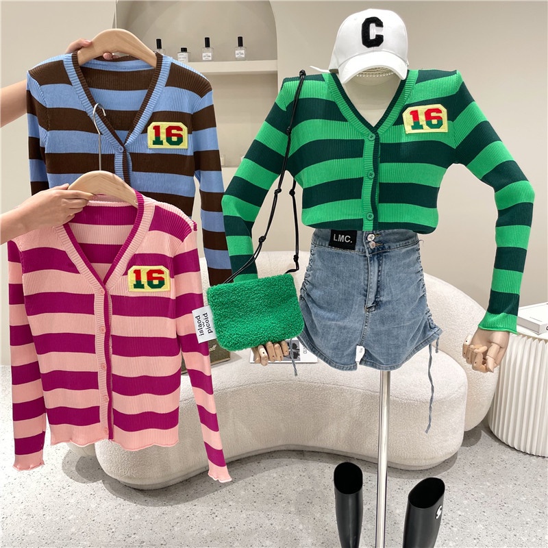 SUXI Áo Len Tay Dài Cổ Chữ V Họa Tiết Kẻ Sọc Phong Cách Retro Hàn Quốc