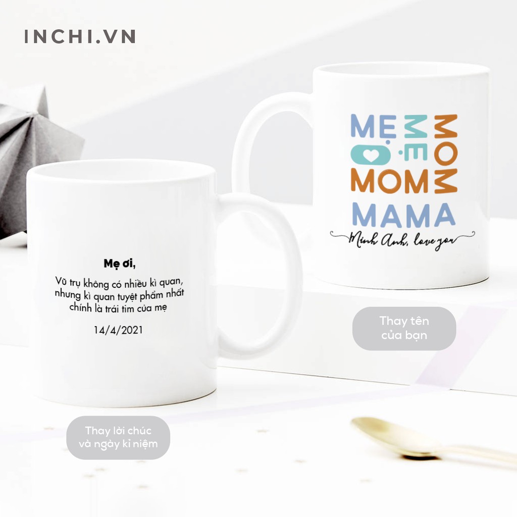 Cốc Sứ Trắng , Cốc Quai Tim In Tên Và Text Theo Yêu Cầu Dành Tặng Mẹ - BST Gift For Moms - 350 ml Uống Trà, Cafe