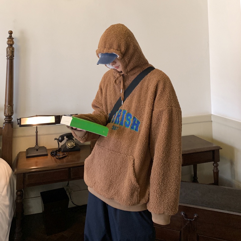 Áo hoodie tay dài dáng rộng thêu chữ chất liệu nhung thời trang cho nam