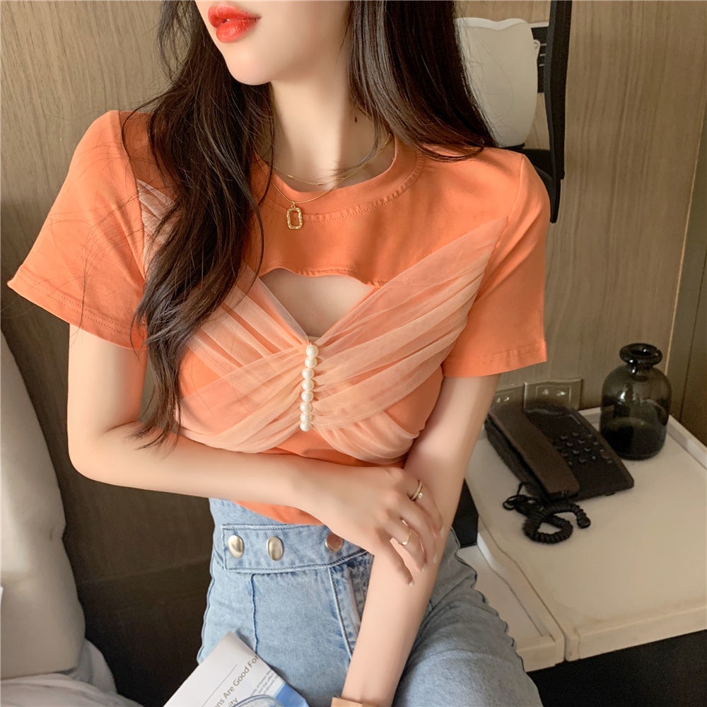 Áo Thun COZOK Lưới Ngắn Tay Thắt Nơ Thời Trang