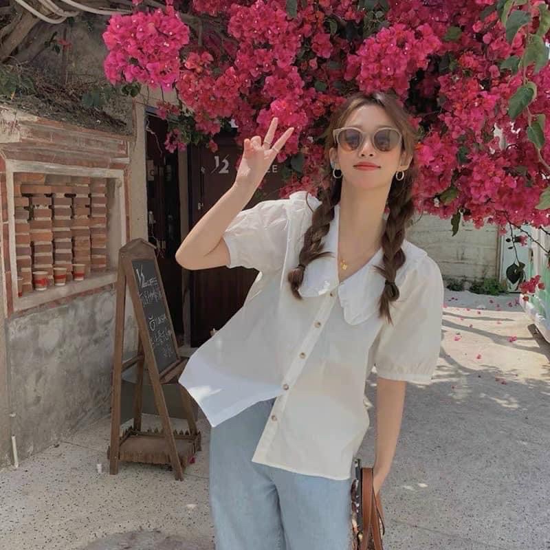 Áo sơ mi trắng ngắn tay cổ bèo tim cổ Hàn Quốc