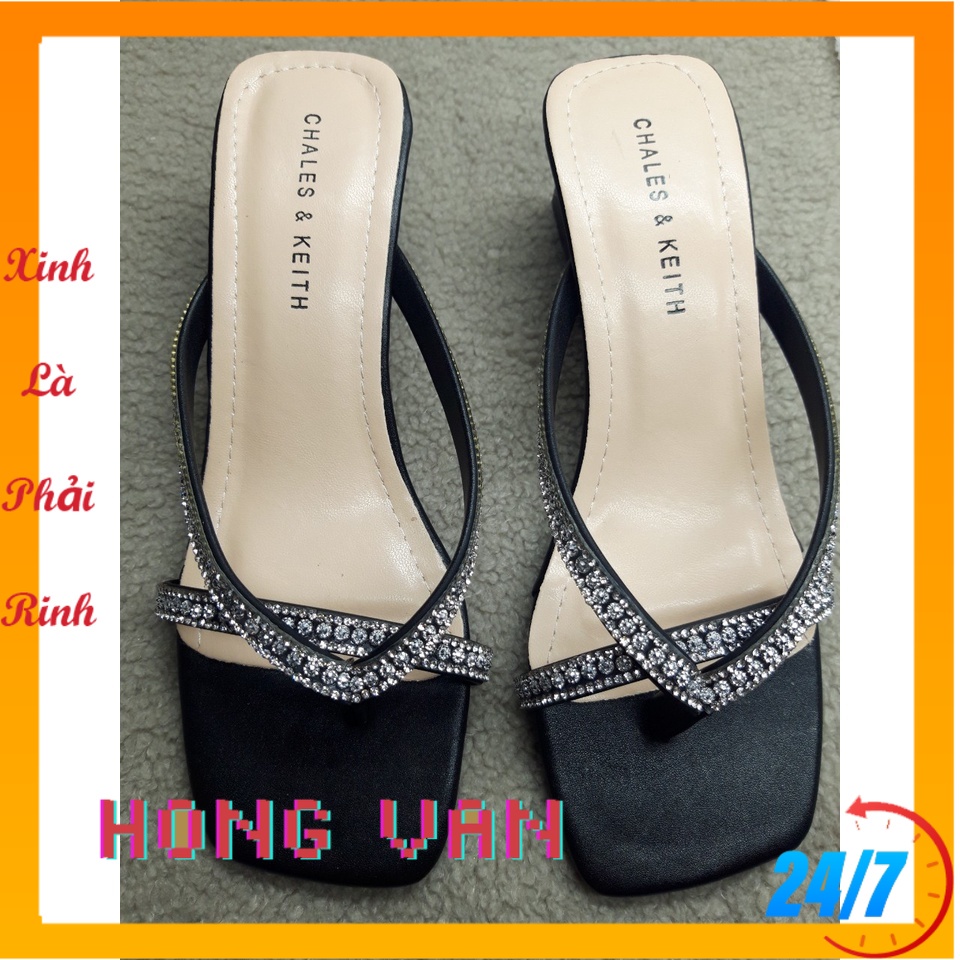 Giày sandal cao gót nữ 5 cm - S60 - đế quai mãnh đính đá màu đen trắng kem đồng (ảnh thật)