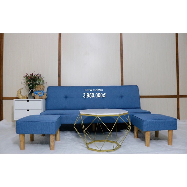 Sản phẩm sofa bed ghế, giường, bộ sản phẩm gồm 1 ghế dài, 2 ghế đôn vuông, 1 bàn kim cương. Kích thước 1m7*90*60