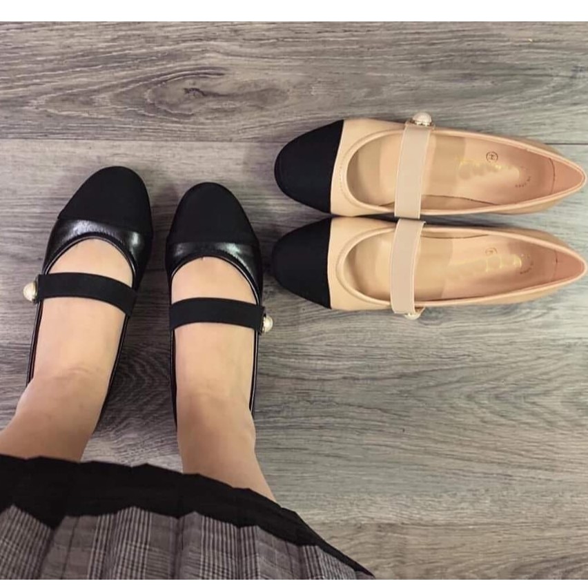 Giày mọi nữ thời trang mũi phối màu đen và kem có quai ngang siêu độc (ẢNH CHỤP THẬT)