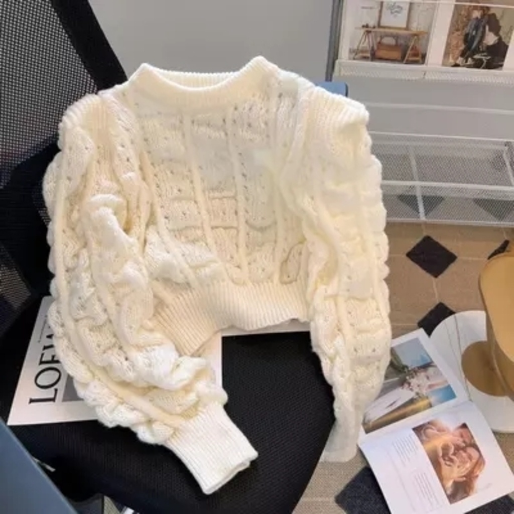 Áo Sweater Dệt Kim Mỏng Tay Phồng Dài Chiết Eo Thời Trang Mùa Thu Mới Cho Nữ