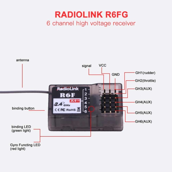 Đầu nhận tín hiệu RadioLink R6F 2.4Ghz 6CH 2018 RC cho bộ truyền phát RC6GS RC4GS RC3S RC4G T8FB