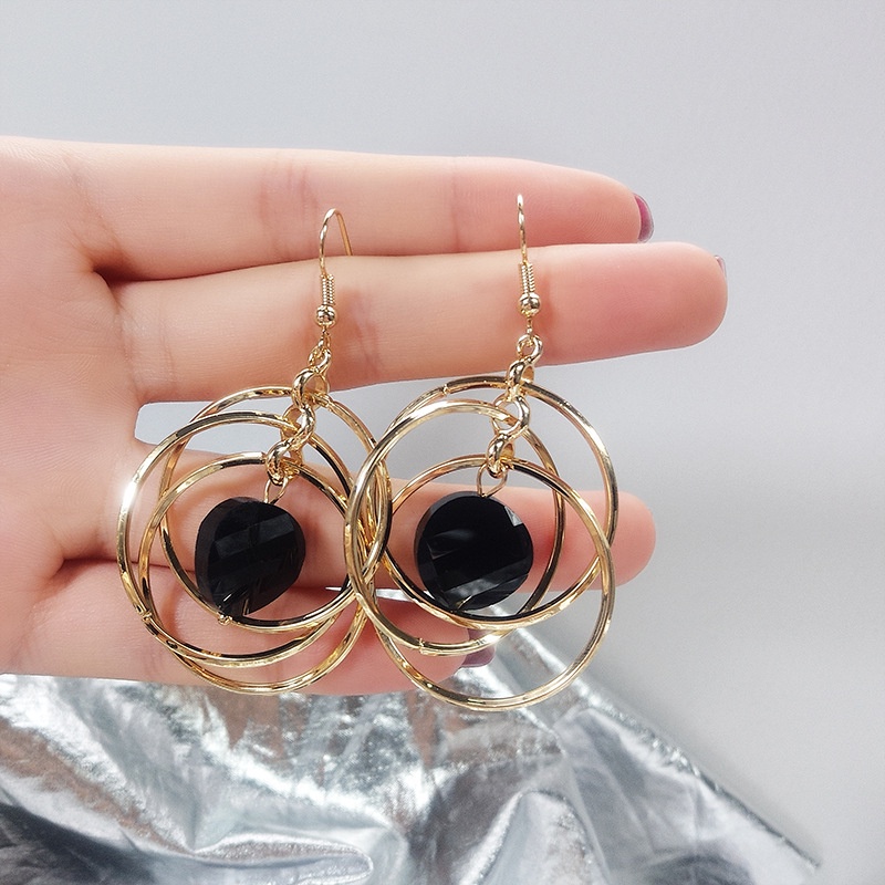 Đôi Bông Tai Vòng Tròn Đen Đính Đá Thời Trang Cho Nữ