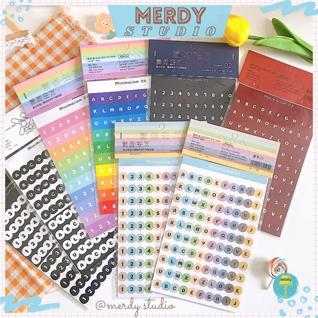 Set 2 tấm sticker số đếm và chữ cái trang trí bullet journal phong cách minimalism
