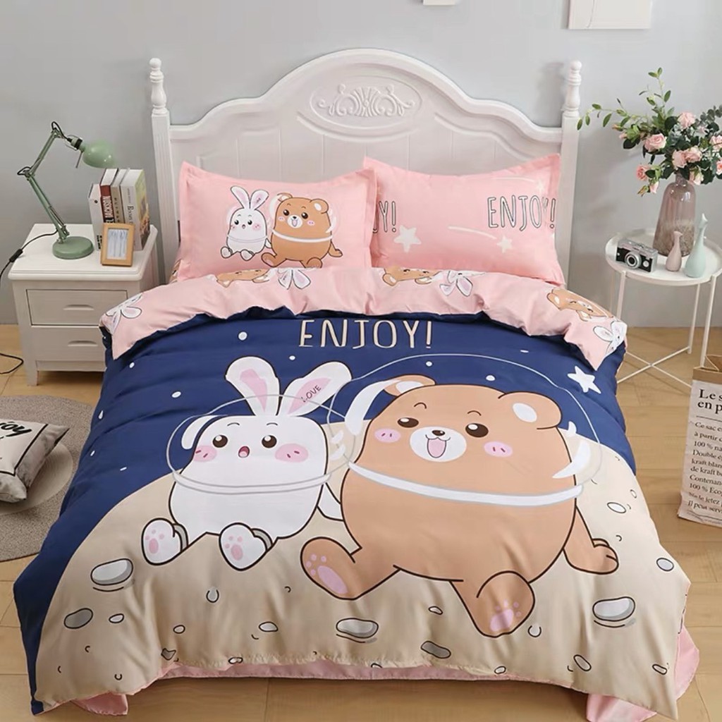 Bộ Chăn Ga Gối Cotton Tina 3D - Gấu và Thỏ