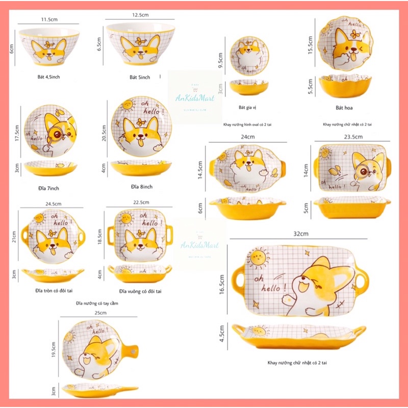 Bộ đồ ăn bằng gốm sứ cao cấp hoạ tiết thám tử Corgi dễ thương